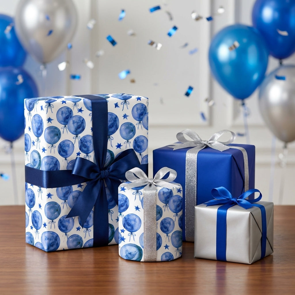 Blue watercolor balloon birthday wrapping paper on elegant gift boxes by Wrapped Studios.