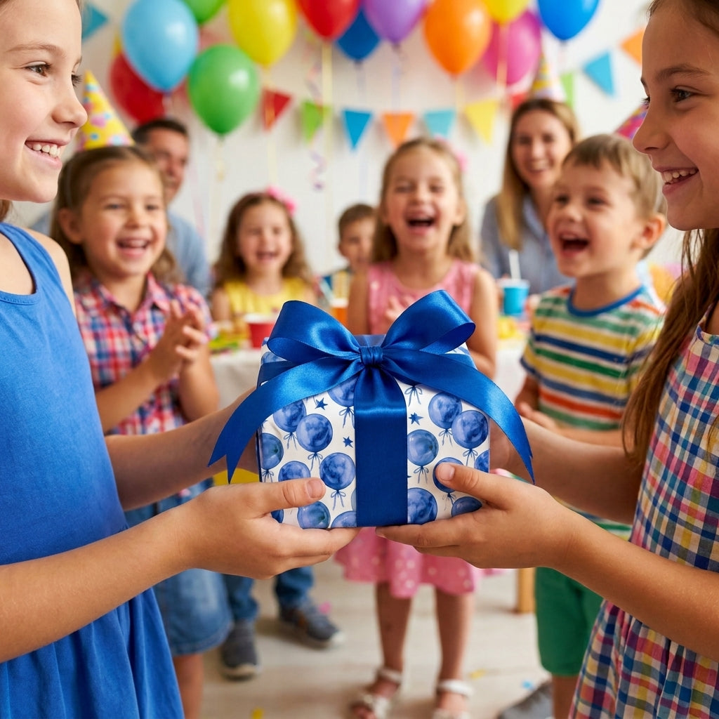 Kids exchanging a gift in blue balloon birthday wrapping paper with a large satin bow, by Wrapped Studios.