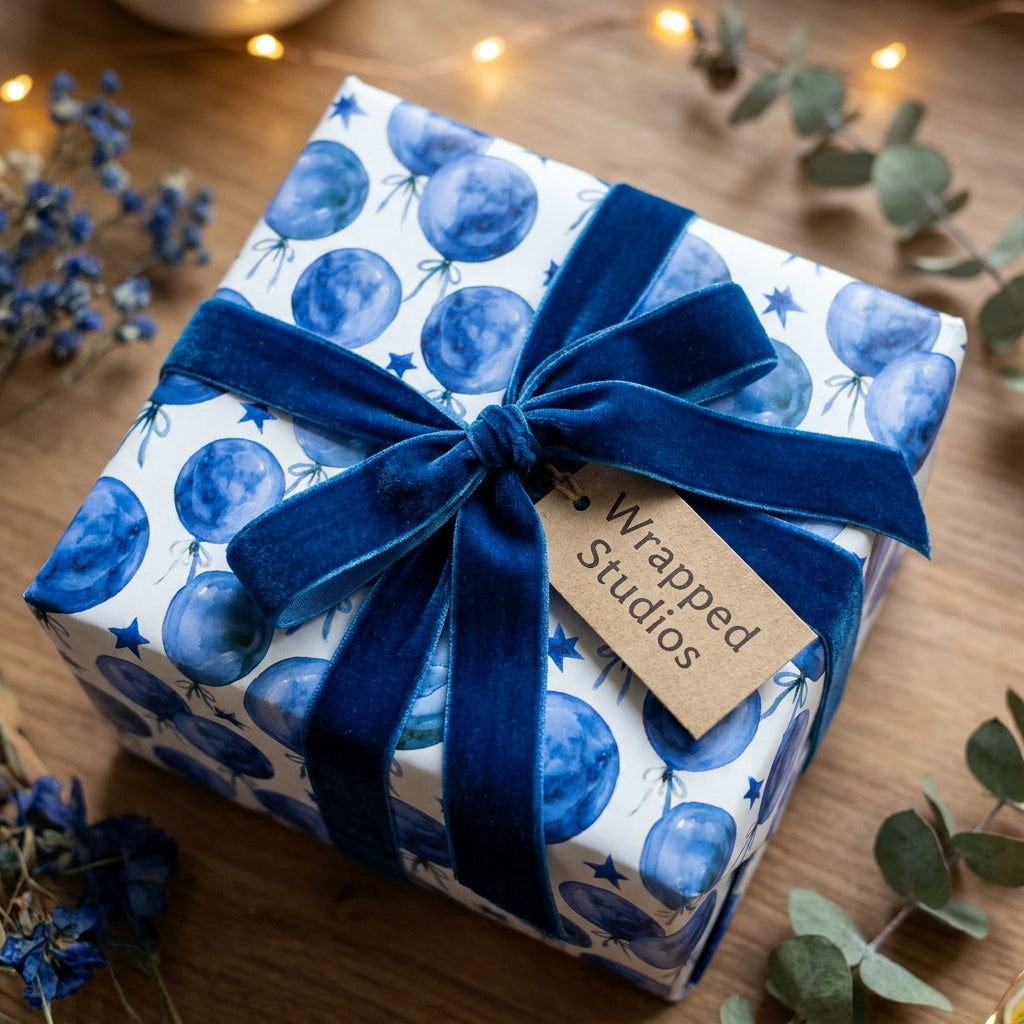 Luxury blue balloon birthday wrapping paper by Wrapped Studios with a navy velvet ribbon.