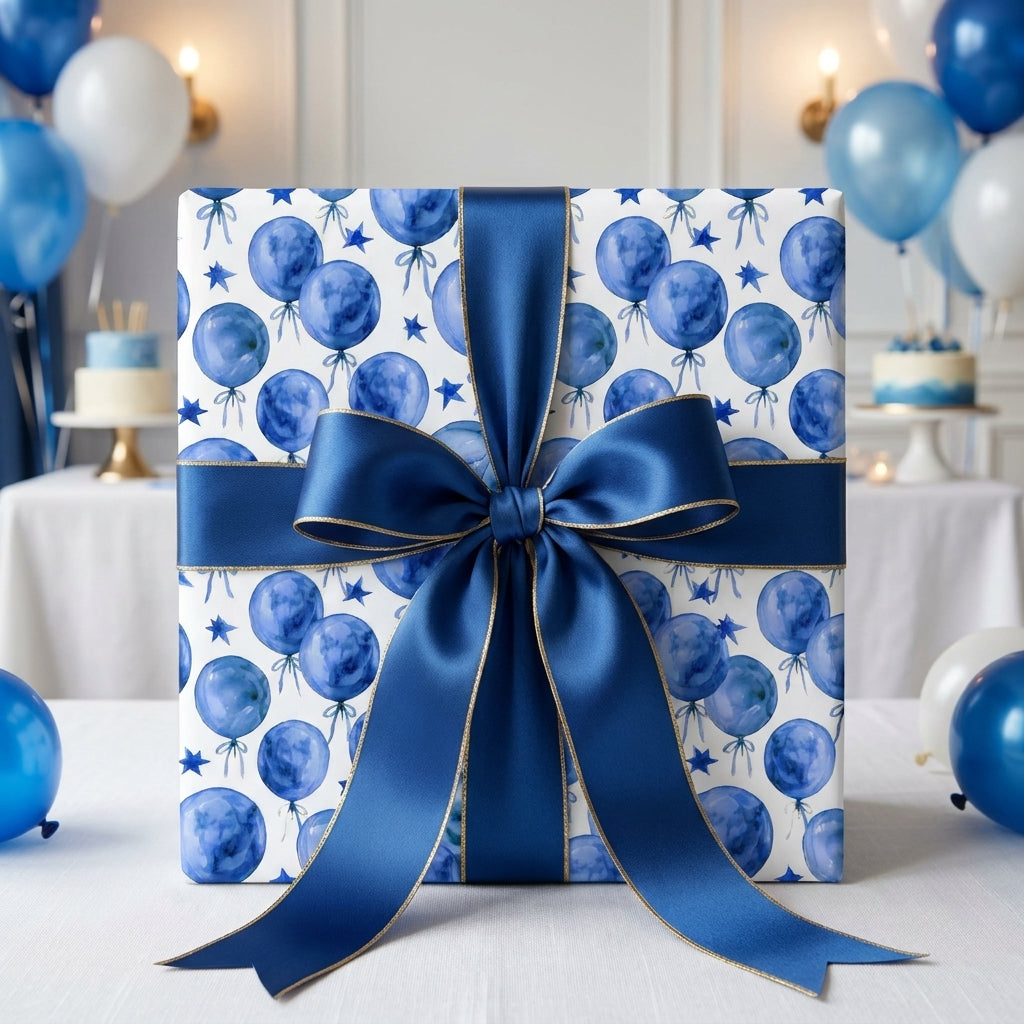 Watercolor blue balloon birthday wrapping paper with a luxury navy bow by Wrapped Studios.