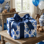 Blue watercolor balloon birthday wrapping paper with a navy satin bow on a gift box, by Wrapped Studios.