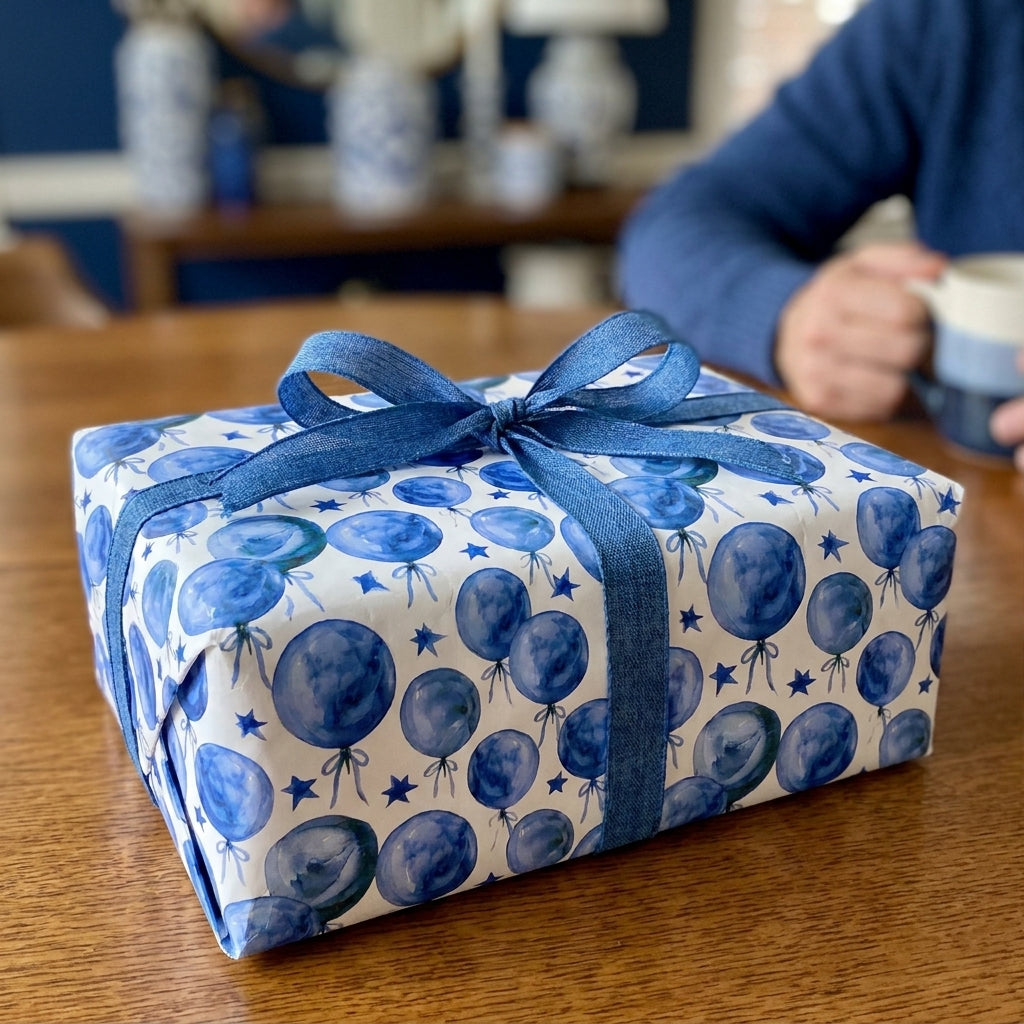 Blue watercolor balloon birthday wrapping paper by Wrapped Studios on a gift box tied with a blue ribbon.