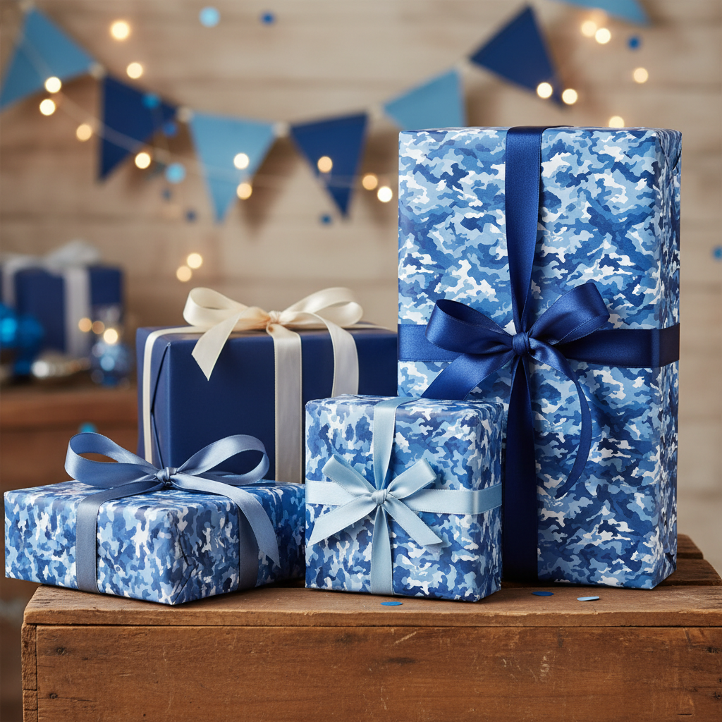 Group of gifts wrapped in blue camouflage wrapping paper and tied with satin ribbon for a modern birthday celebration.
