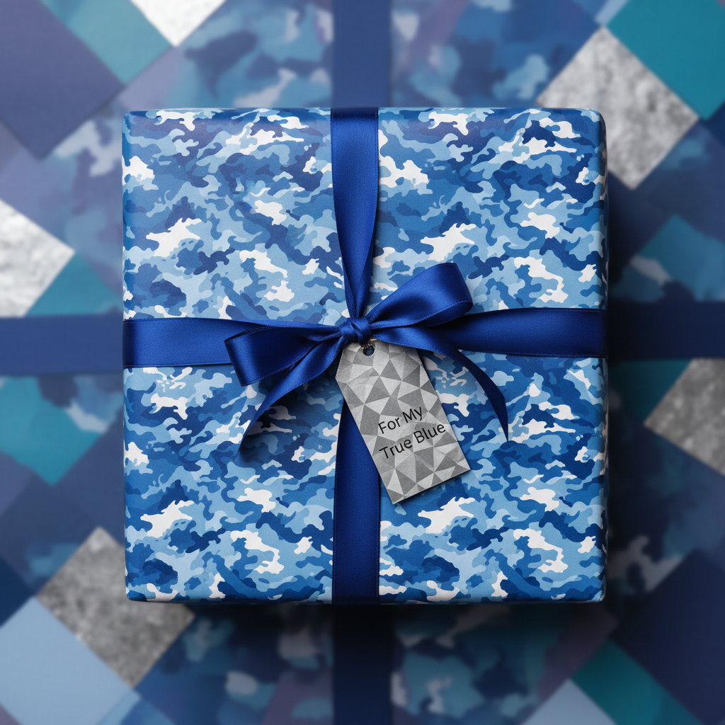 Square gift wrapped in blue camo wrapping paper with a matching ribbon and "For My True Blue" tag.
