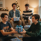 Teens exchanging gifts wrapped in blue floral wrapping paper with matching ribbon at Christmas.