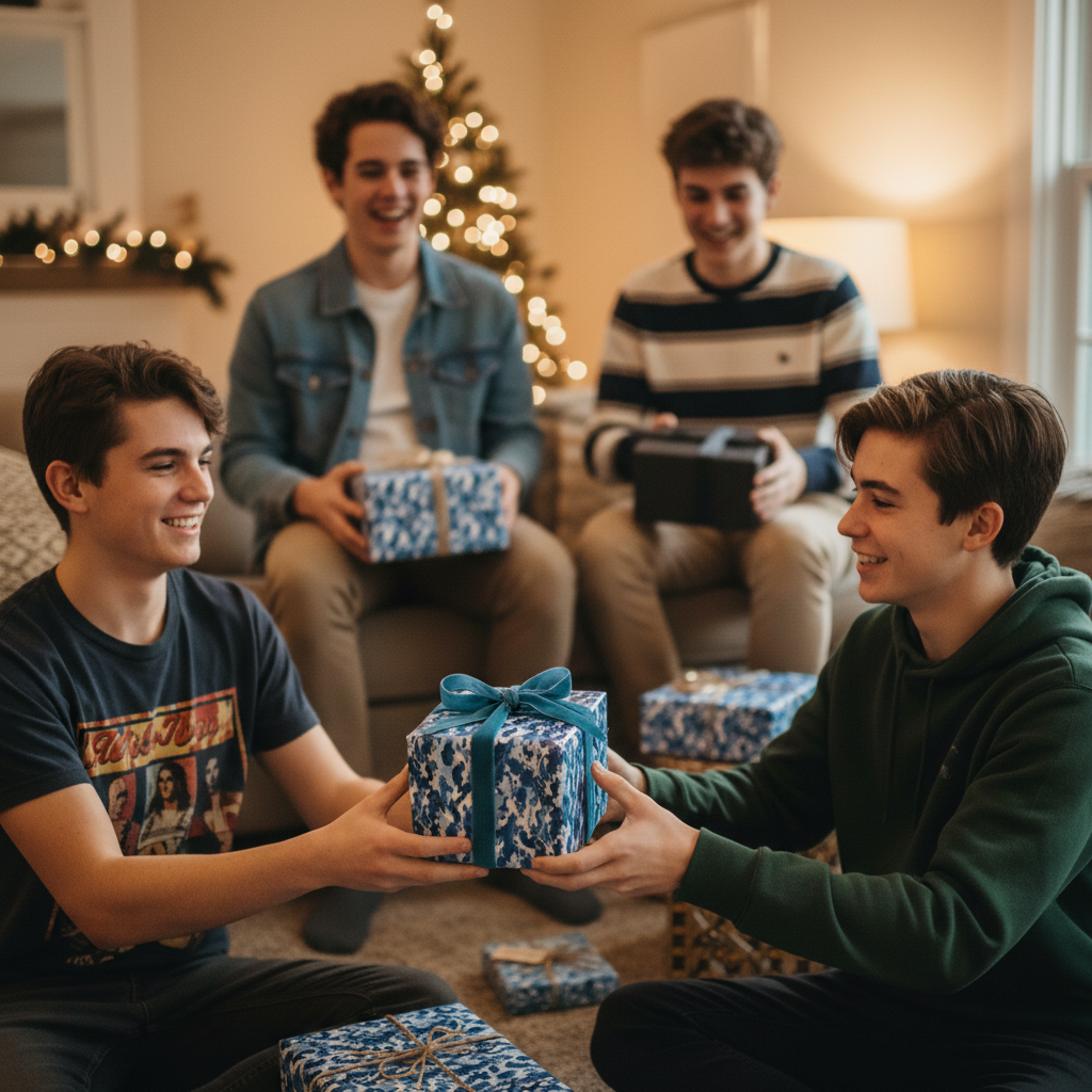 Teens exchanging gifts wrapped in blue floral wrapping paper with matching ribbon at Christmas.