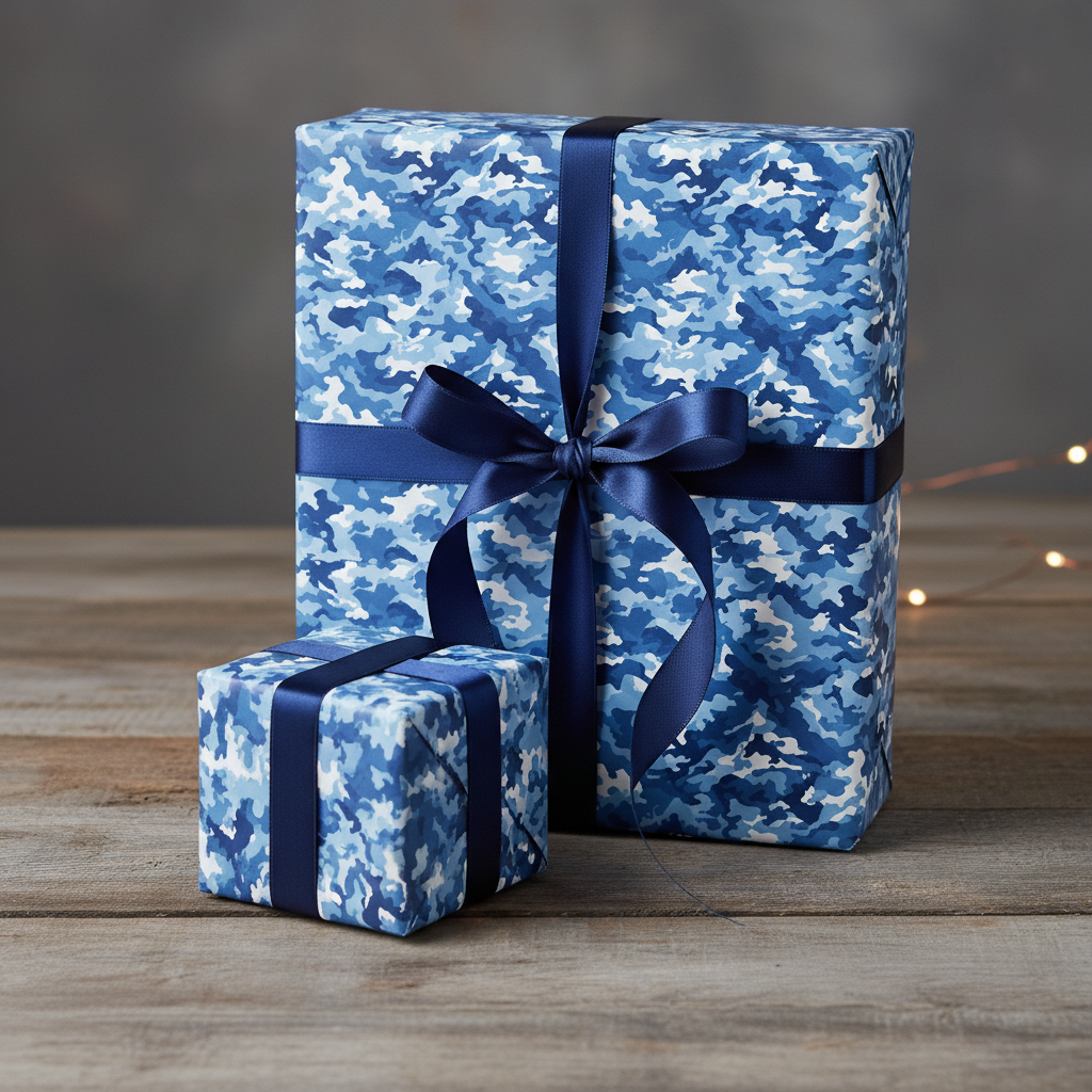 Two gifts wrapped in blue camo wrapping paper with navy ribbon.
