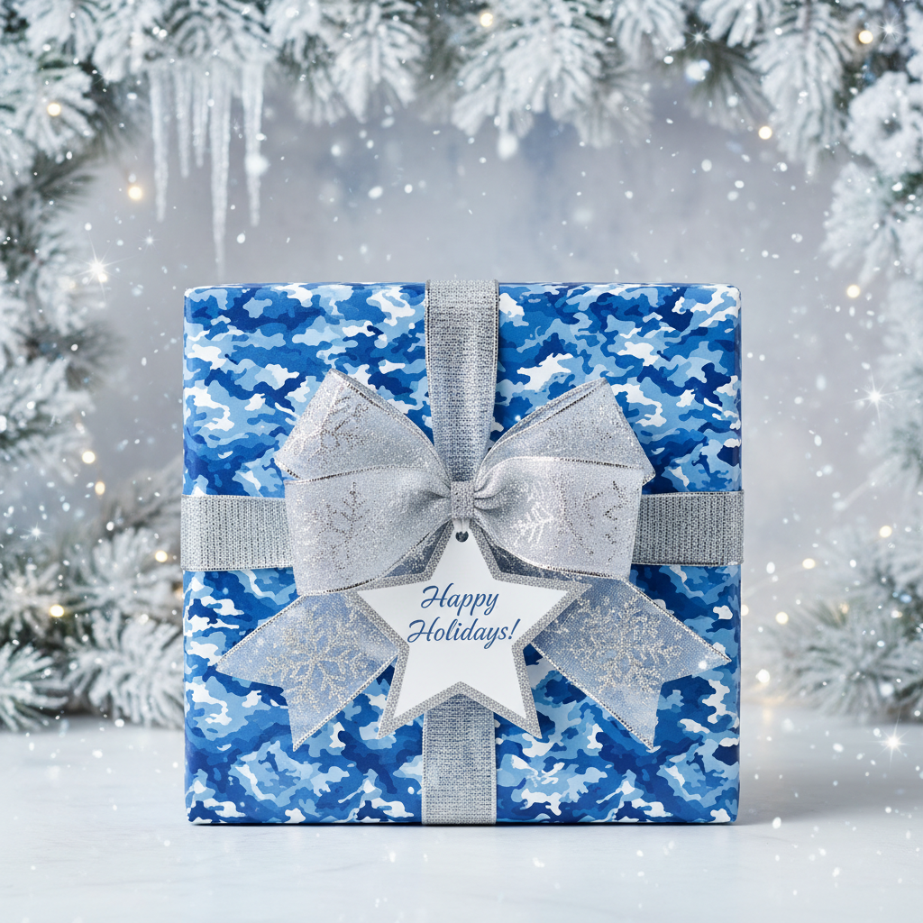 Blue camouflage wrapping paper with silver ribbon and "Happy Holidays" tag for a Christmas gift.