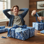 Modern blue camo wrapping paper with ribbon and "For Dad" tag, perfect for a birthday gift.
