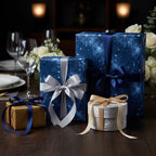 Elegant gifts wrapped in blue floral wrapping paper with satin bows for a special occasion.