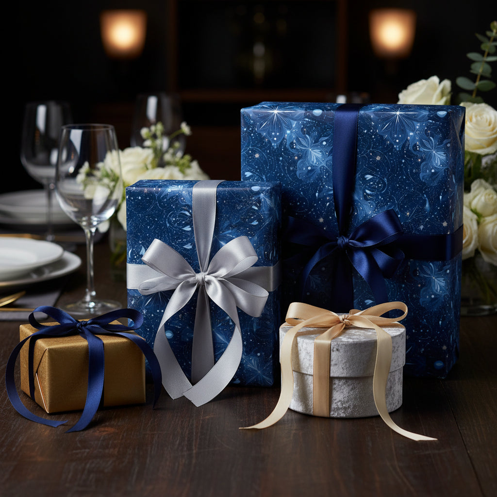 Elegant gifts wrapped in blue floral wrapping paper with satin bows for a special occasion.