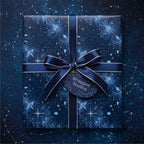 Navy blue floral wrapping paper with silver ribbon & constellation design tag, perfect for luxury gift wrap.