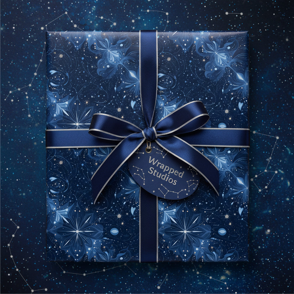 Navy blue floral wrapping paper with silver ribbon & constellation design tag, perfect for luxury gift wrap.