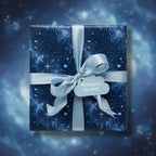 Elegant blue floral wrapping paper with light blue satin ribbon and cloud-shaped gift tag.