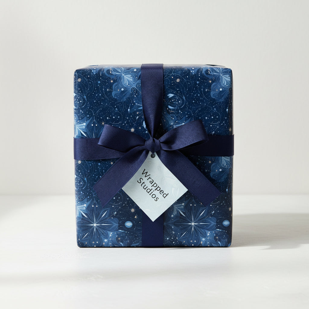 Elegant navy floral wrapping paper with satin ribbon bow on a square gift box.