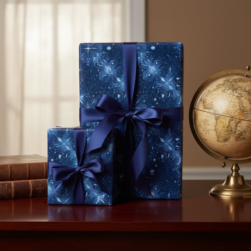 Elegant navy floral wrapping paper with satin ribbon, perfect luxury gift wrap for birthdays or special occasions.