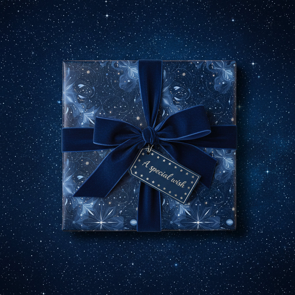Elegant dark blue floral wrapping paper with velvet ribbon and "A special wish" gift tag on a starry background.