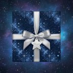 Elegant navy floral wrapping paper with silver ribbon, bow, and "For You" tag, suitable for any occasion.