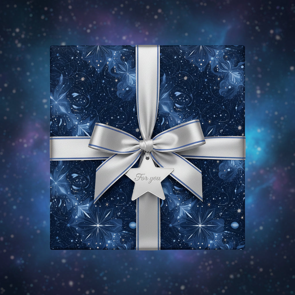 Elegant navy floral wrapping paper with silver ribbon, bow, and "For You" tag, suitable for any occasion.