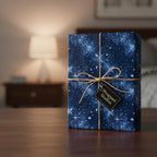Wrapped gift box with modern blue floral wrapping paper and twine bow on table.