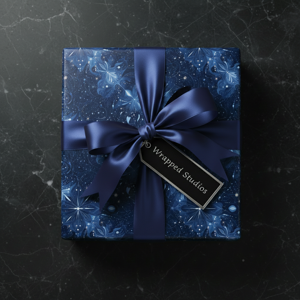 Navy blue floral wrapping paper on a square gift box with a satin ribbon and tag.