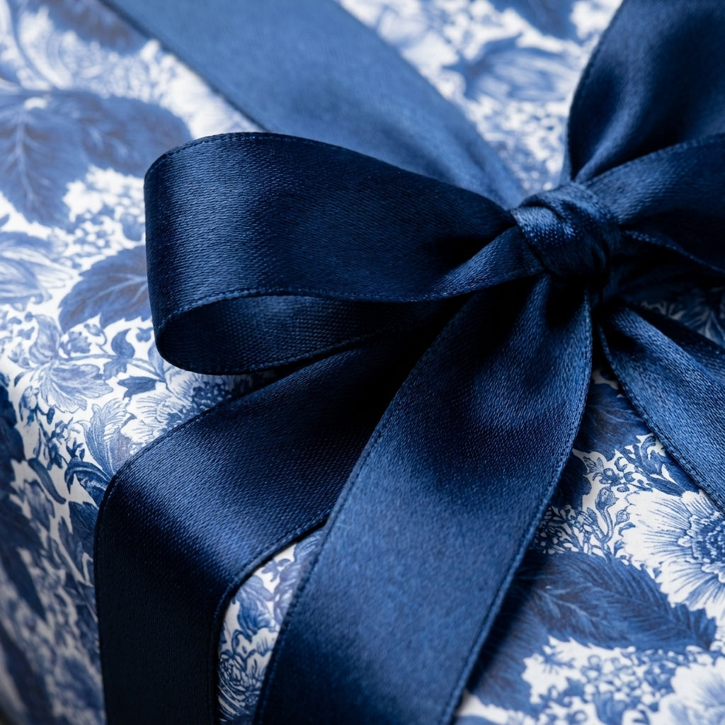 Elegant blue floral wrapping paper tied with a luxury navy satin bow by Wrapped Studios.