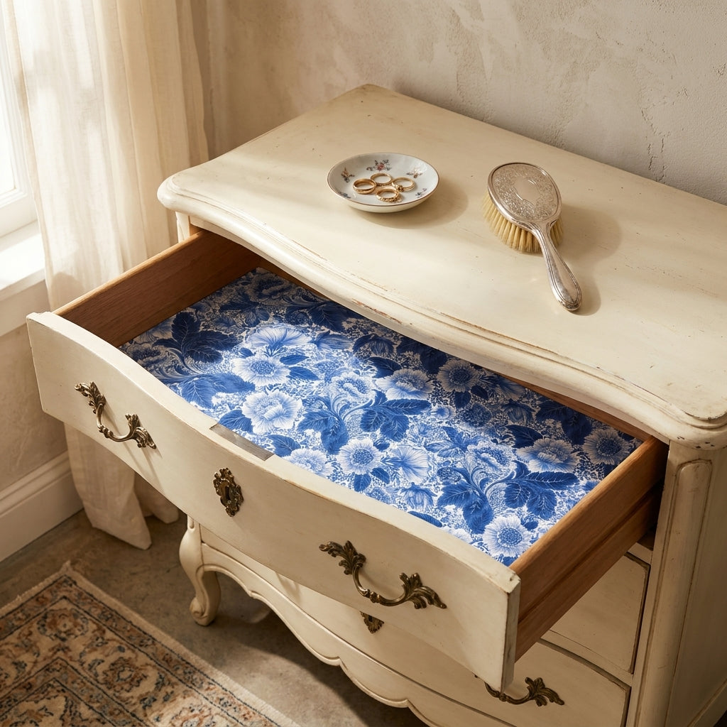 Blue and white floral wrapping paper used as a vintage drawer liner, by Wrapped Studios.
