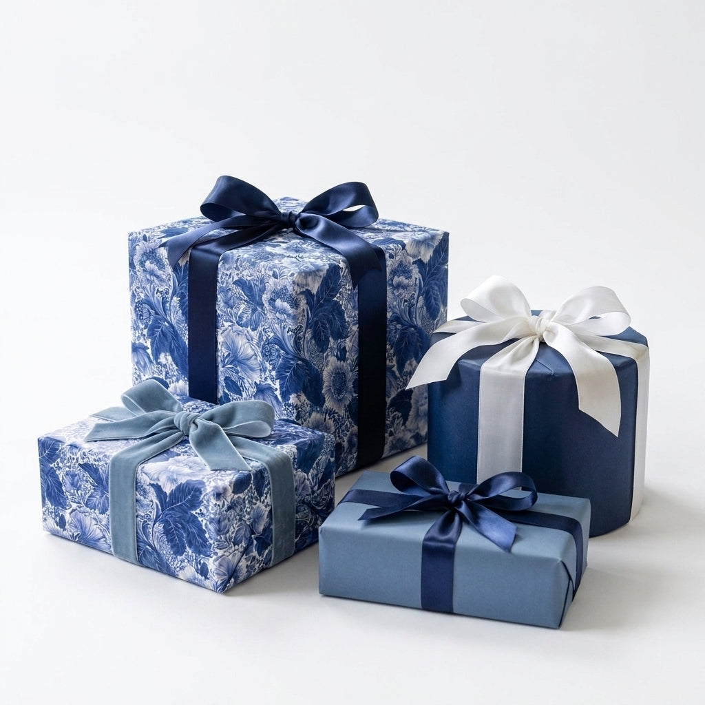 Blue floral wrapping paper and luxury gift wrap with satin and velvet bows by Wrapped Studios.