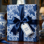 Luxury blue and white floral wrapping paper with a navy satin ribbon and gift tag by Wrapped Studios.