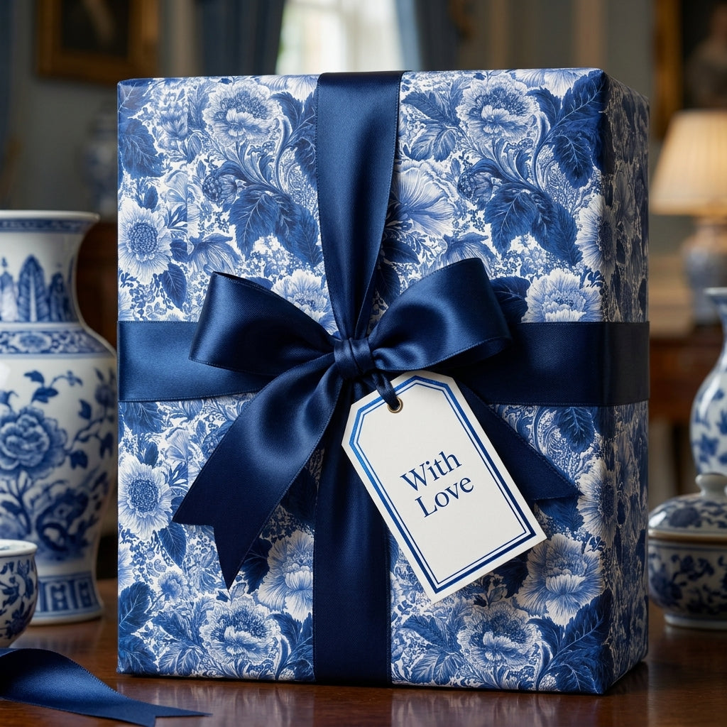 Luxury blue and white floral wrapping paper with a navy satin ribbon and gift tag by Wrapped Studios.