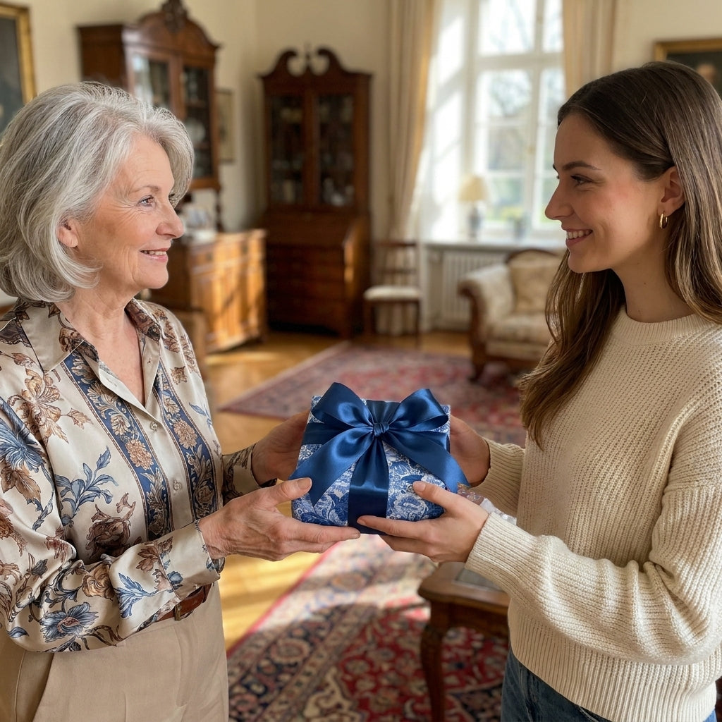 Luxury blue floral wrapping paper with navy satin ribbon on a gift held by two women. Wrapped Studios.