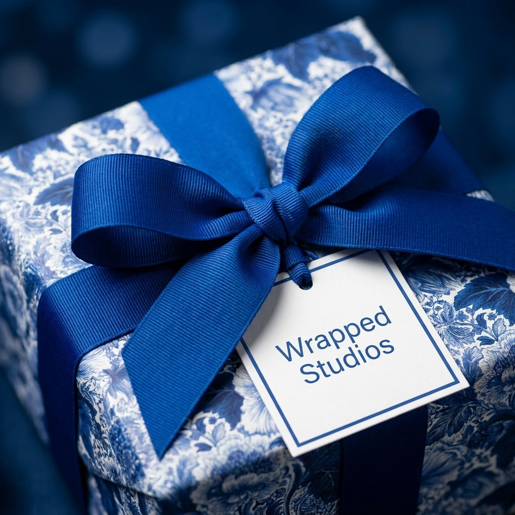 Elegant blue and white floral wrapping paper with a luxury blue ribbon and a Wrapped Studios gift tag.