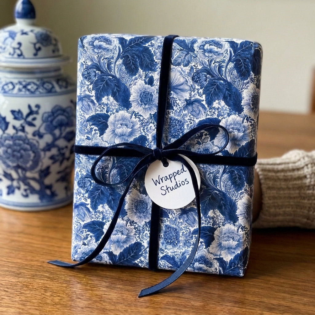 Chinoiserie blue floral wrapping paper by Wrapped Studios on a gift box with a navy velvet ribbon.