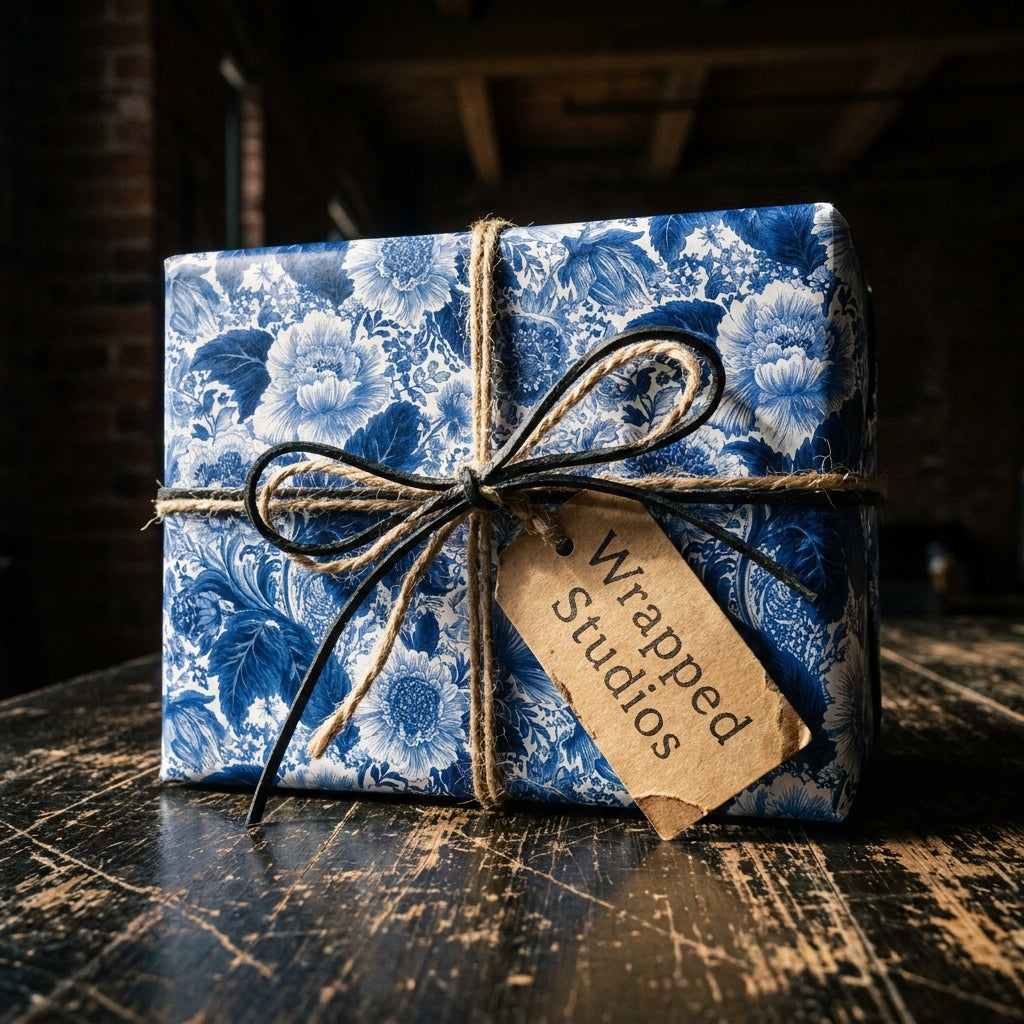 Blue and white vintage floral wrapping paper from Wrapped Studios, tied with twine on a rustic wooden table.