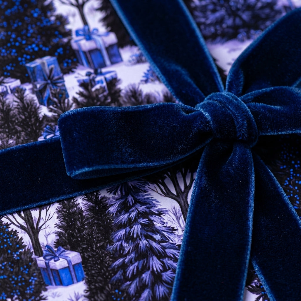 Luxury Christmas wrapping paper with winter forest pattern and blue velvet bow by Wrapped Studios.
