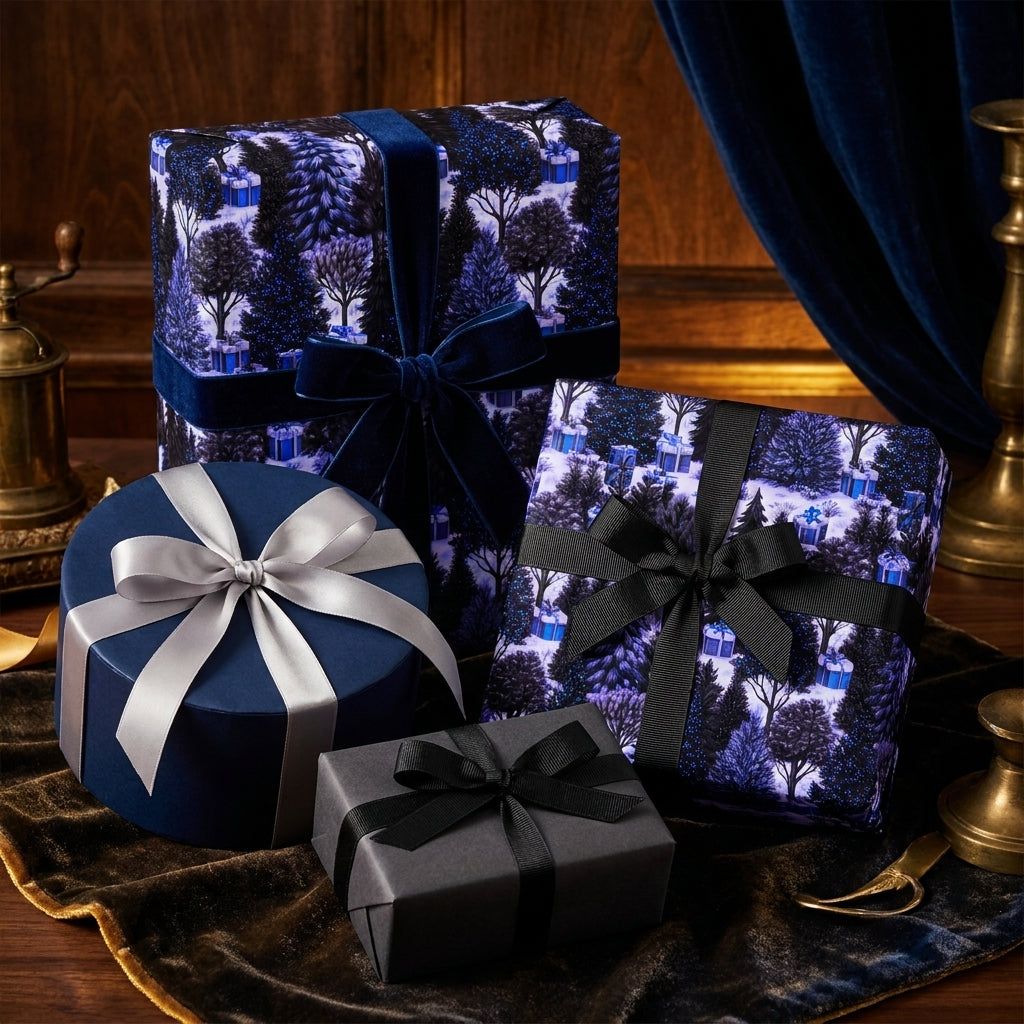 Luxury blue winter forest Christmas wrapping paper on elegant gift boxes with velvet bows by Wrapped Studios.