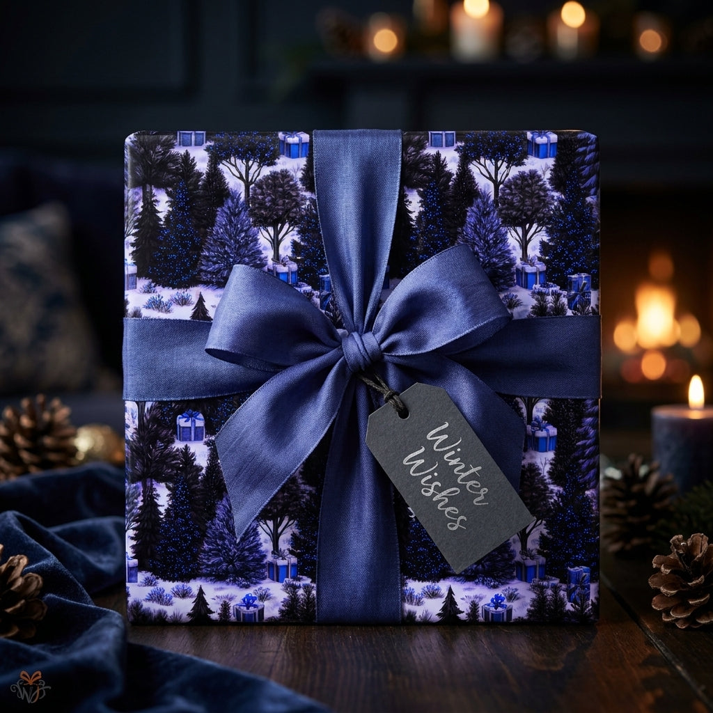 Luxury blue Christmas wrapping paper with winter trees, navy ribbon, and tag by Wrapped Studios.