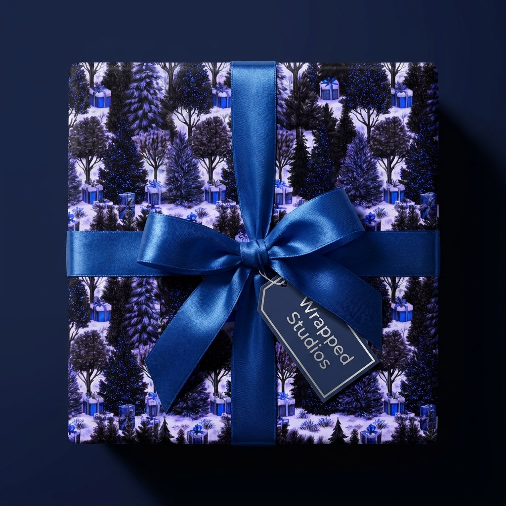 Blue Christmas wrapping paper featuring a winter forest pattern and satin bow, by Wrapped Studios.