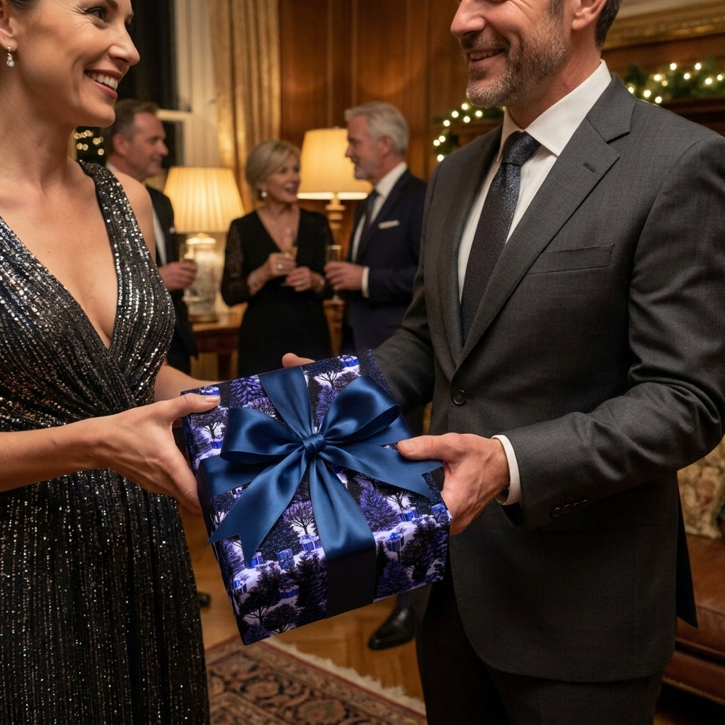 Couple exchanging a holiday gift in luxury blue Christmas wrapping paper by Wrapped Studios.