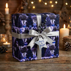 Luxury blue winter forest Christmas wrapping paper with a silver bow by Wrapped Studios.