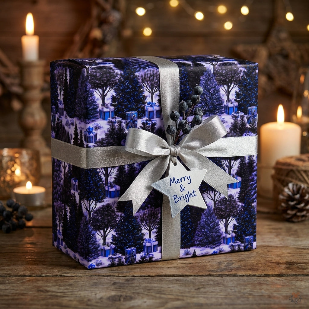Luxury blue winter forest Christmas wrapping paper with a silver bow by Wrapped Studios.