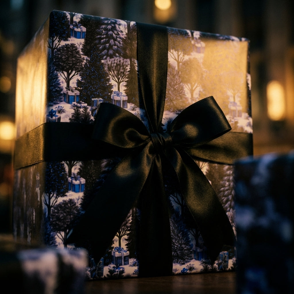 Luxury Christmas wrapping paper with a blue winter forest scene and black satin ribbon by Wrapped Studios.