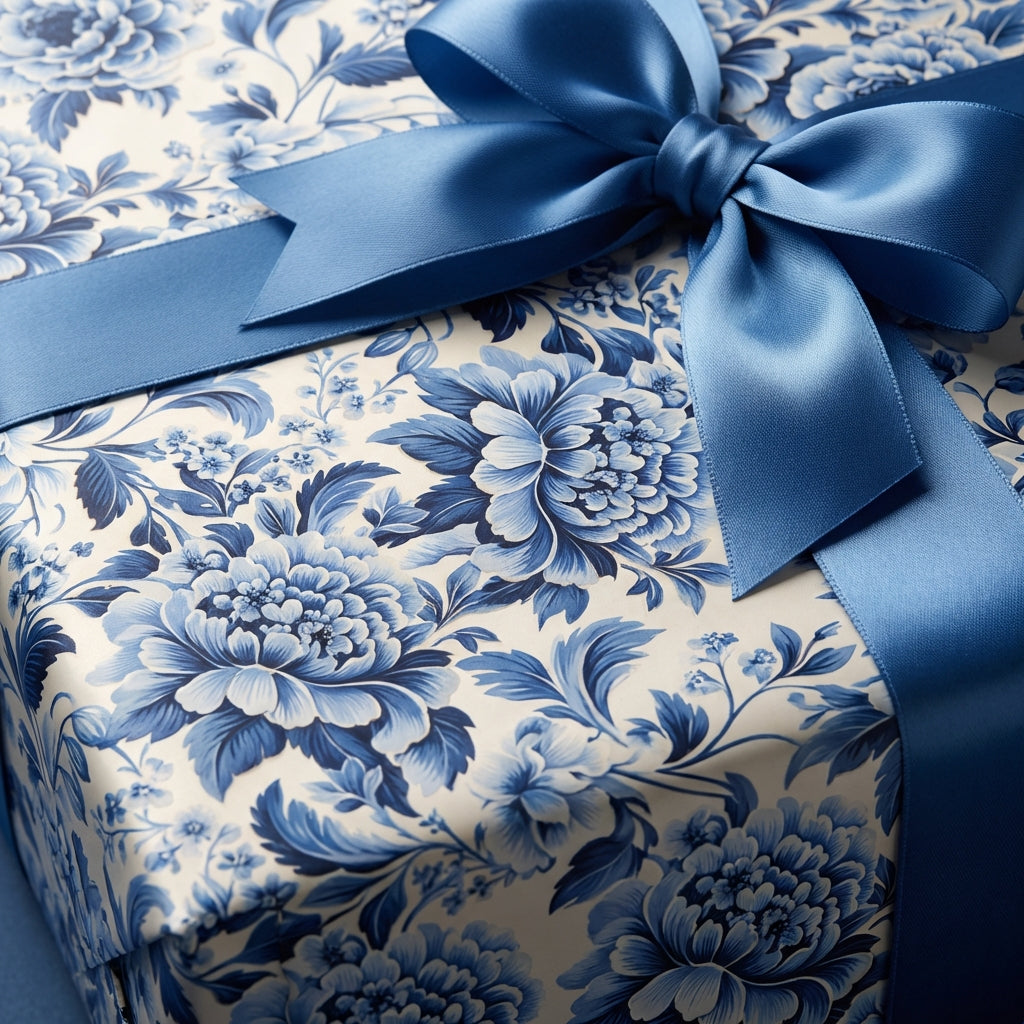 Elegant floral wrapping paper with a blue satin ribbon, from Wrapped Studios.