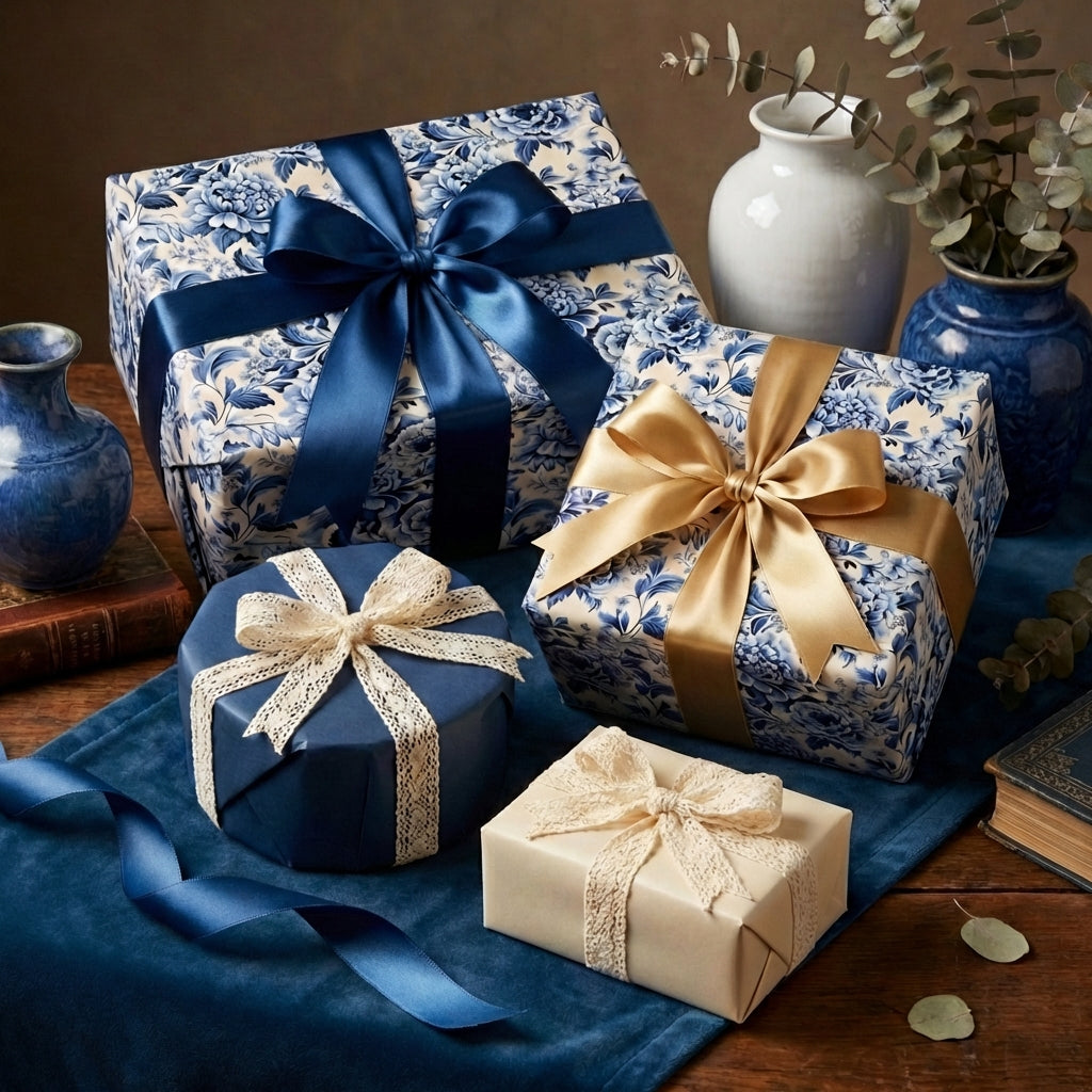 Elegant gifts wrapped in floral wrapping paper with blue and gold ribbons from Wrapped Studios.