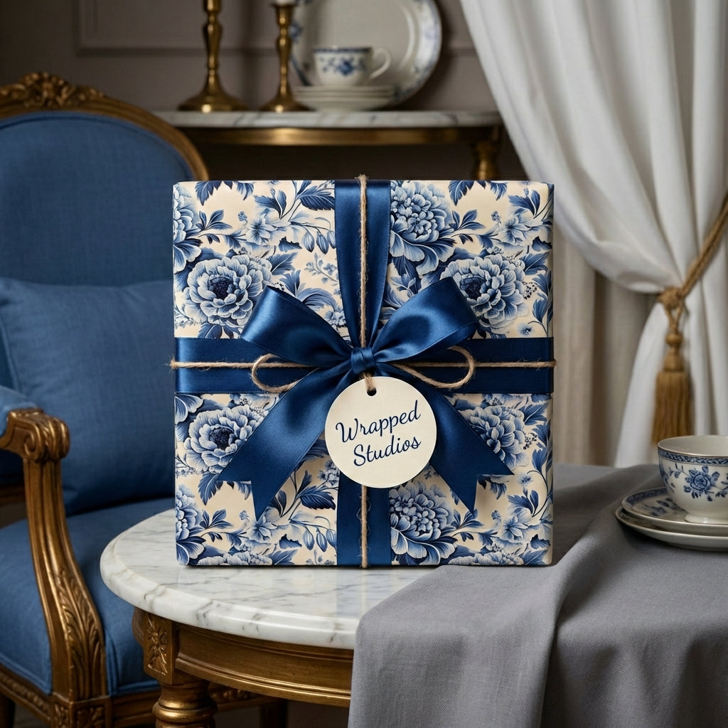 Wrapped Studios: Elegant blue floral wrapping paper with navy satin bow and tag.