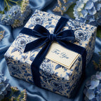 Elegant gift wrapped in blue floral paper with a velvet bow and "For You" tag.