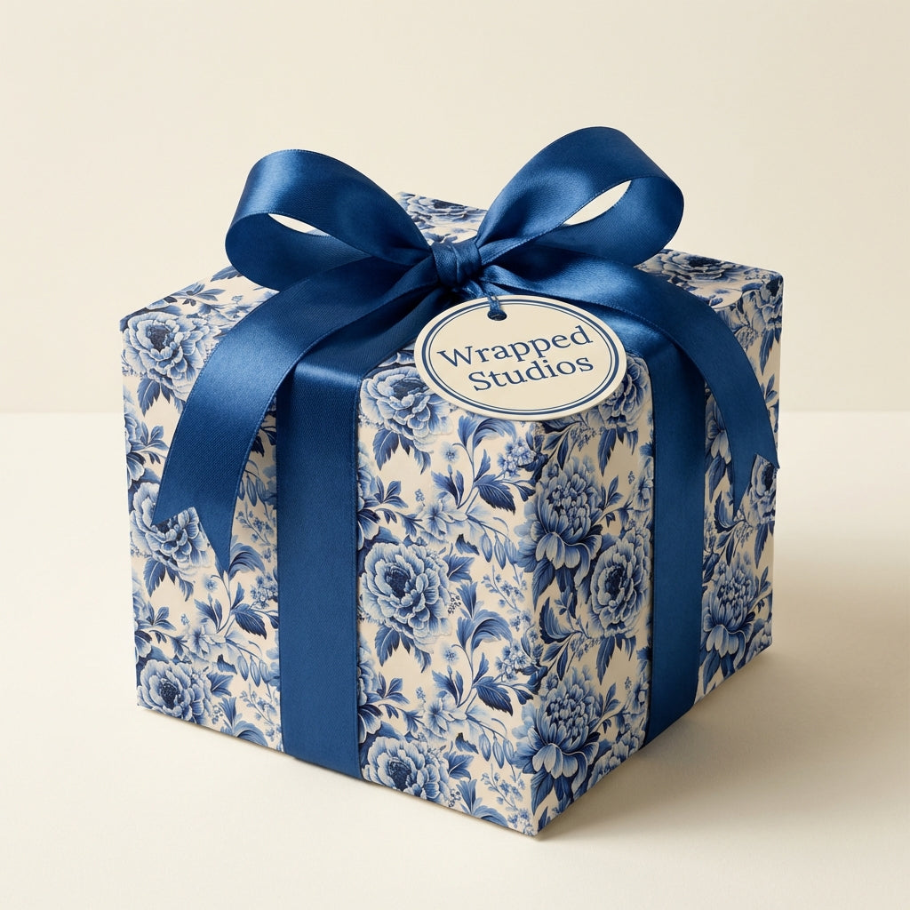 Wrapped Studios luxury gift wrap: blue floral wrapping paper with satin ribbon bow.