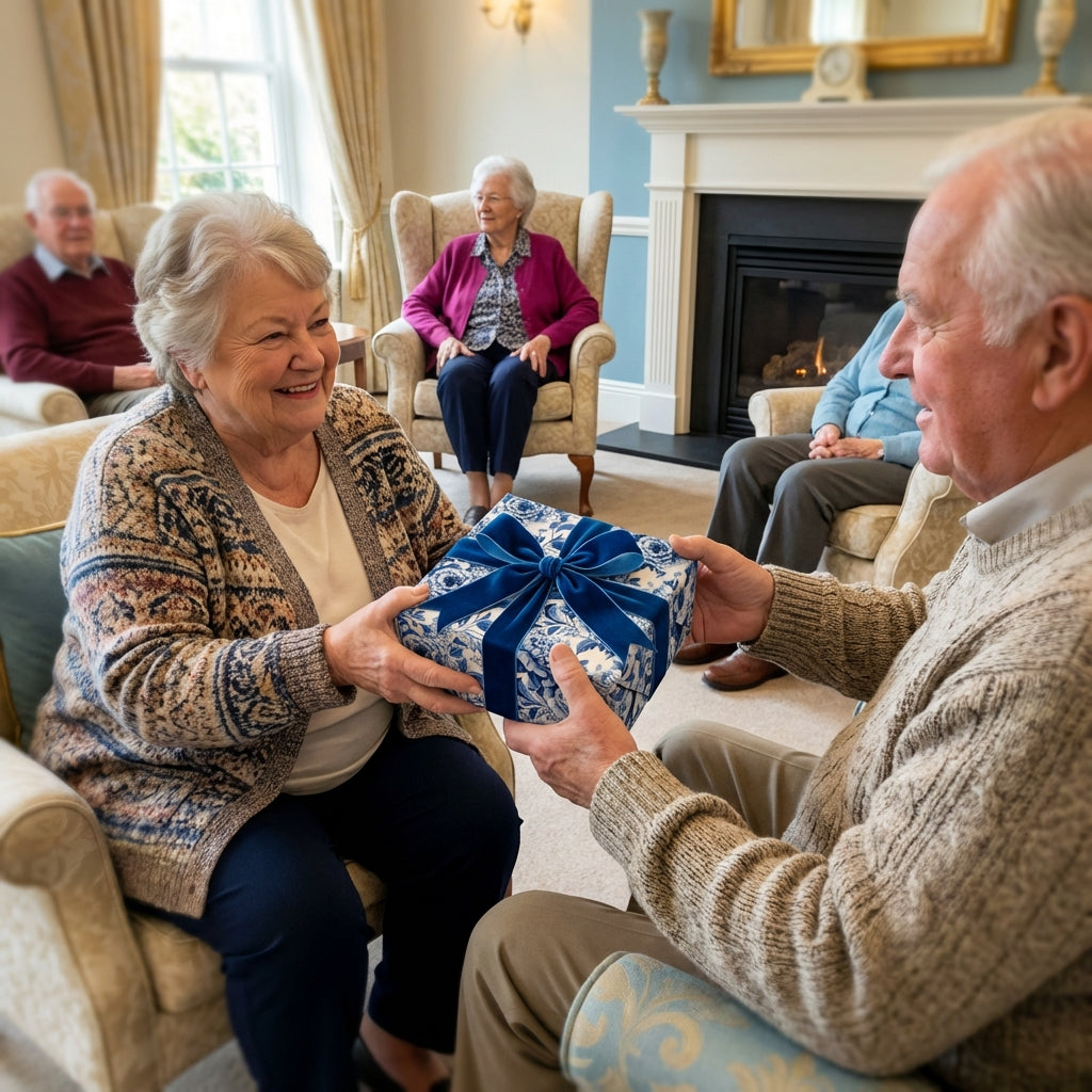 Woman receiving blue floral gift wrap with velvet bow. Luxury wrapping paper from Wrapped Studios.