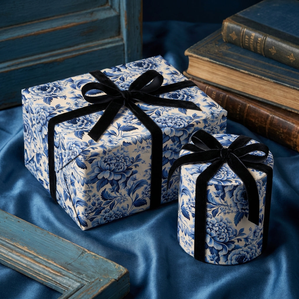 Elegant blue floral wrapping paper on gifts tied with black velvet ribbon. Wrapped Studios.