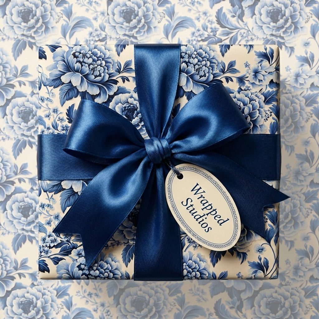Blue floral wrapping paper with satin ribbon and Wrapped Studios tag.